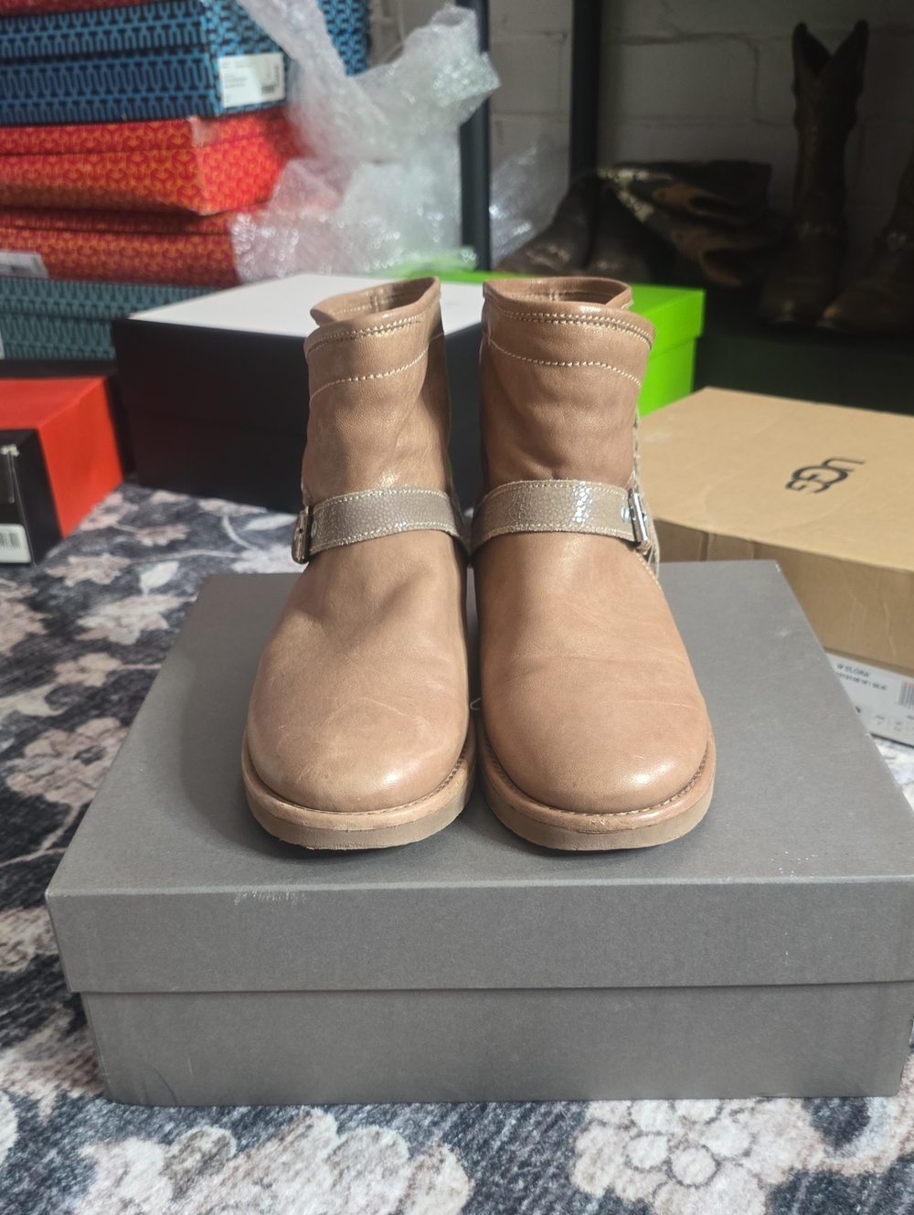 UGG Collection Women's Ankle Boots with Buckle Strap Tassel.